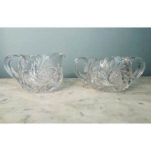 EUC American Brilliant Cut Crystal Glass Pinwheel Creamer Sugar Bowl Set ABP